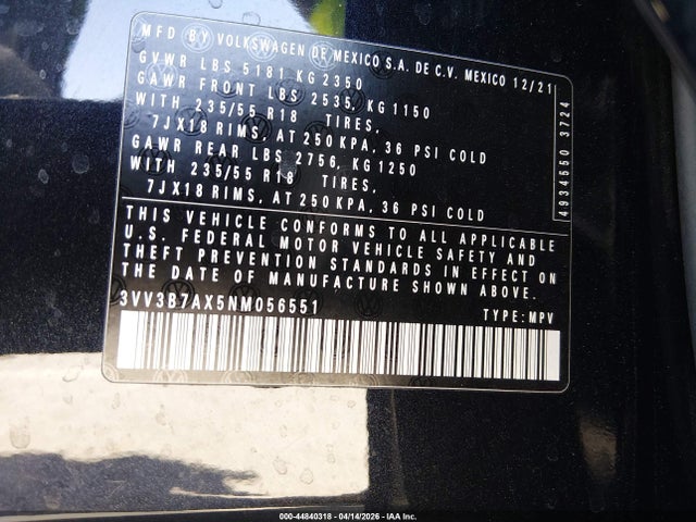 3VV3B7AX5NM056551 Volkswagen Tiguan 2.0t Se
