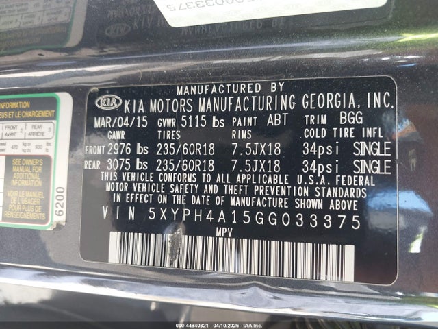 44840321 :رقم المزاد ، 5XYPH4A15GG033375 vin ، 2016 Kia Sorento 2.0t Ex مزاد بيع