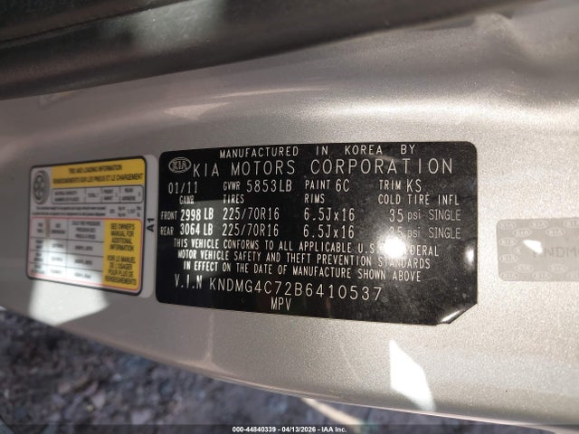 2011 Kia Sedona Lx მანქანა იყიდება აუქციონზე, vin: KNDMG4C72B6410537, აუქციონის ნომერი: 44840339
