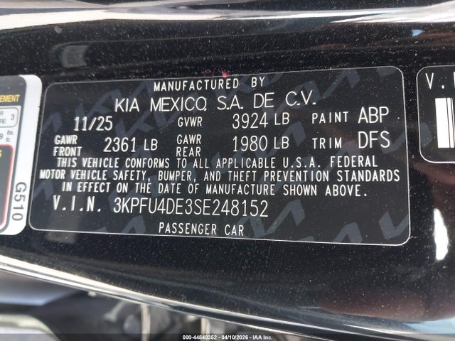 2025 Kia K4 Ex მანქანა იყიდება აუქციონზე, vin: 3KPFU4DE3SE248152, აუქციონის ნომერი: 44840352