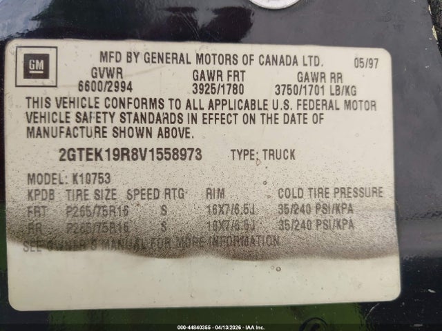 44840355 :رقم المزاد ، 2GTEK19R8V1558973 vin ، 1997 Gmc Sierra 1500 Sl Wideside مزاد بيع