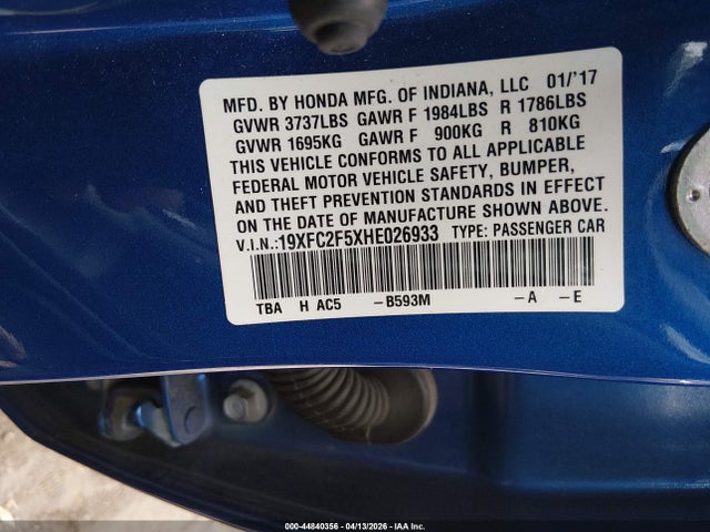 2017 Honda Civic Lx მანქანა იყიდება აუქციონზე, vin: 19XFC2F5XHE026933, აუქციონის ნომერი: 44840356