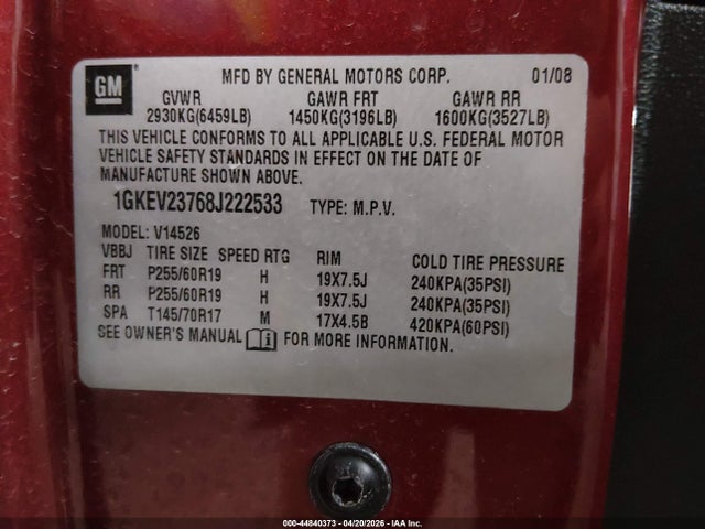 Aukcja sprzedaży 2008 Gmc Acadia Slt-1, vin: 1GKEV23768J222533, numer aukcji: 44840373