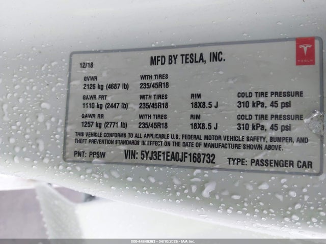 2018 Tesla Model 3 Long Range/mid Range მანქანა იყიდება აუქციონზე, vin: 5YJ3E1EA0JF168732, აუქციონის ნომერი: 44840383