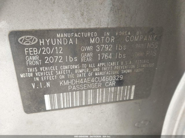 Aukcja sprzedaży 2012 Hyundai Elantra Limited (ulsan Plant), vin: KMHDH4AE4CU460329, numer aukcji: 44840396