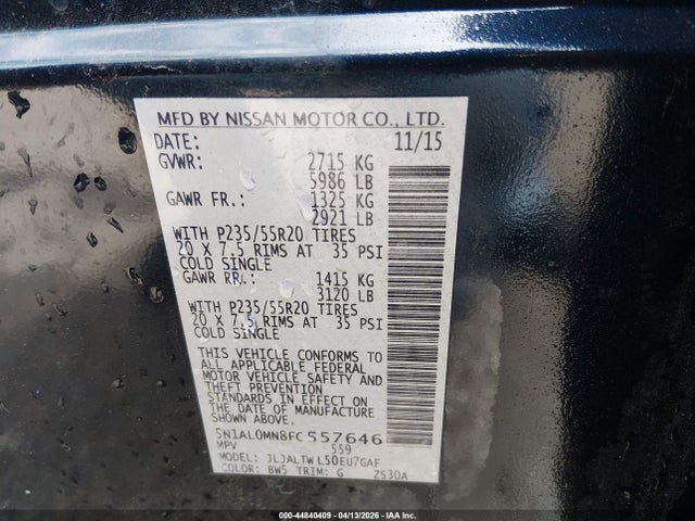 44840409 :رقم المزاد ، 5N1AL0MN8FC557646 vin ، 2015 Infiniti Qx60 مزاد بيع