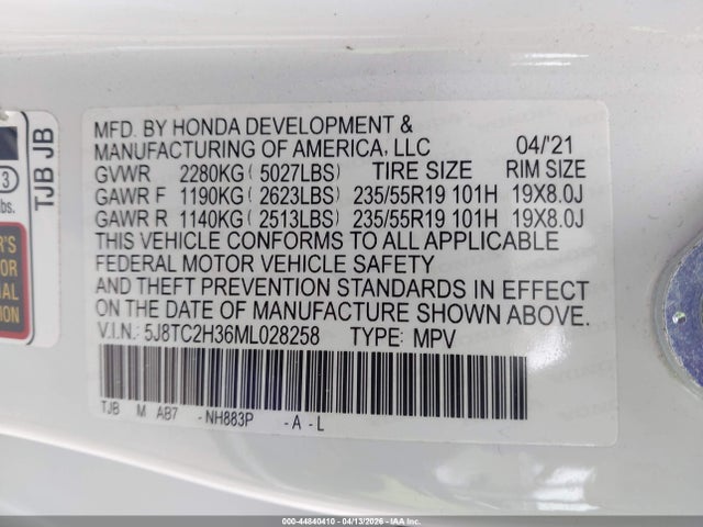44840410 :رقم المزاد ، 5J8TC2H36ML028258 vin ، 2021 Acura Rdx Standard مزاد بيع