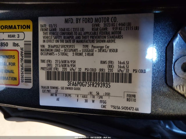2015 Ford Fusion S მანქანა იყიდება აუქციონზე, vin: 3FA6P0G75FR293935, აუქციონის ნომერი: 44840411