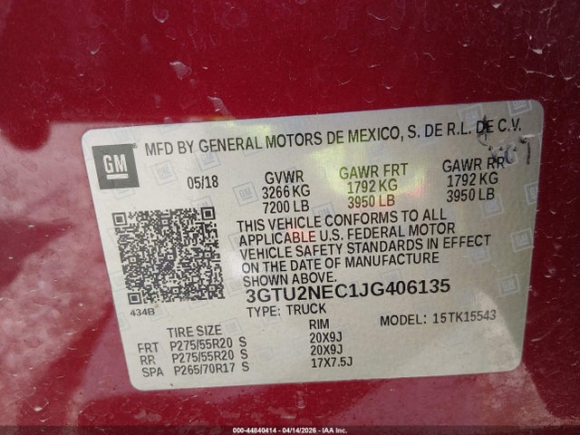 Aukcja sprzedaży 2018 Gmc Sierra 1500 Slt, vin: 3GTU2NEC1JG406135, numer aukcji: 44840414