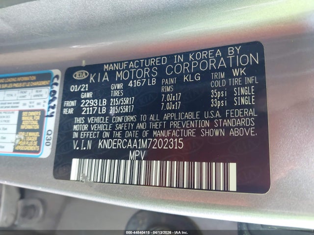 Продажа на аукционе авто 2021 Kia Seltos Ex, vin: KNDERCAA1M7202315, номер лота: 44840415