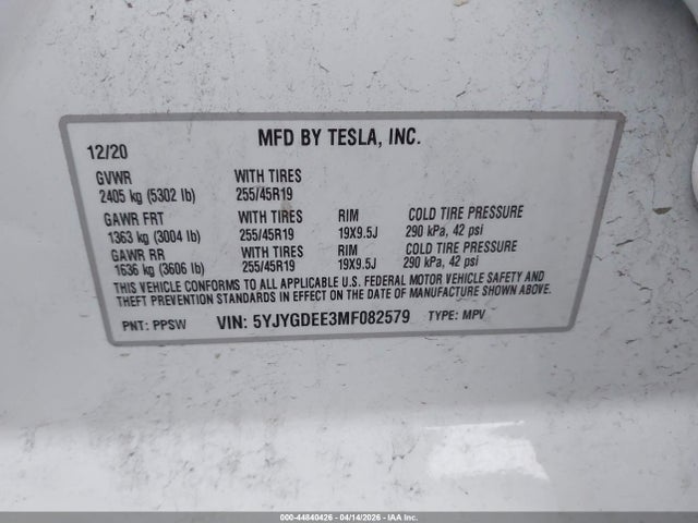 Aukcja sprzedaży 2021 Tesla Model Y Long Range Dual Motor All-wheel Drive, vin: 5YJYGDEE3MF082579, numer aukcji: 44840426