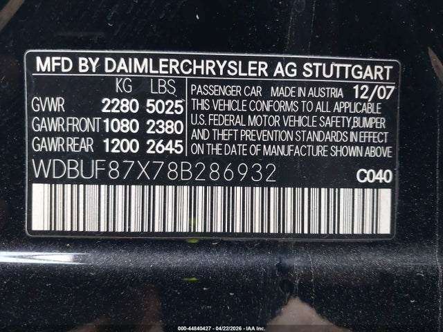 44840427 :رقم المزاد ، WDBUF87X78B286932 vin ، 2008 Mercedes-benz E 350 4matic مزاد بيع