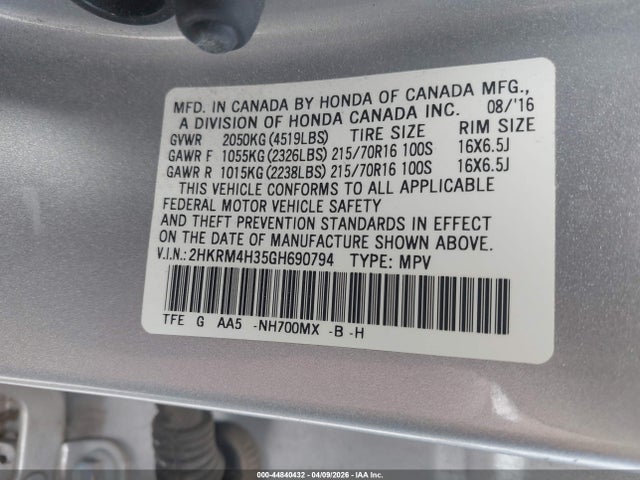 Aukcja sprzedaży 2016 Honda Cr-v Lx, vin: 2HKRM4H35GH690794, numer aukcji: 44840432