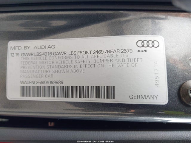 2019 Audi A5 45 Premium მანქანა იყიდება აუქციონზე, vin: WAUENCF59KA099889, აუქციონის ნომერი: 44840461
