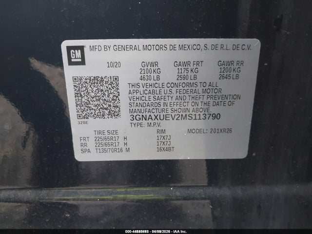 44840463 :رقم المزاد ، 3GNAXUEV2MS113790 vin ، 2021 Chevrolet Equinox Awd Lt مزاد بيع