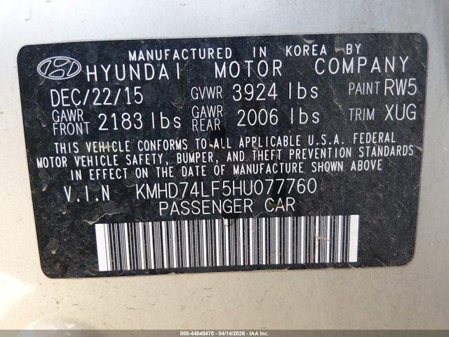KMHD74LF5HU077760 Hyundai ELANTRA SE