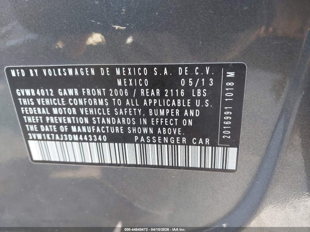 44840472 :رقم المزاد ، 3VW1K7AJ3DM443340 vin ، 2013 Volkswagen Jetta 2.0l S مزاد بيع