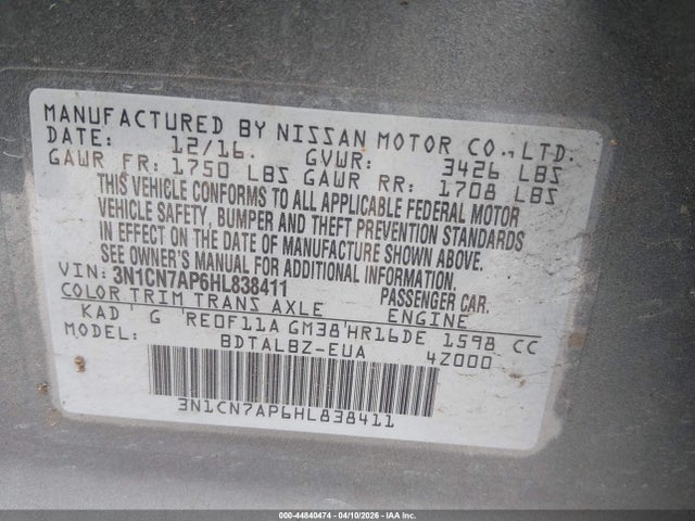 3N1CN7AP6HL838411 Nissan Versa 1.6 Sv
