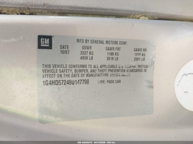 44840476 :رقم المزاد ، 1G4HD57248U147790 vin ، 2008 Buick Lucerne Cxl مزاد بيع