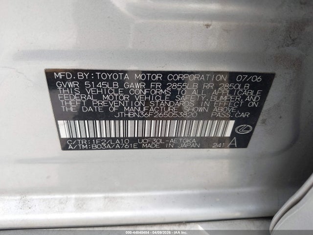 44840484 :رقم المزاد ، JTHBN36F265053820 vin ، 2006 Lexus Ls 430 مزاد بيع