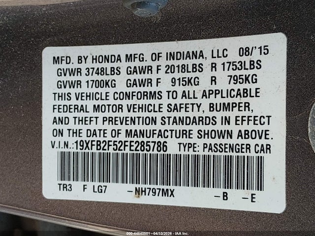 44840501 :رقم المزاد ، 19XFB2F52FE285786 vin ، 2015 Honda Civic Lx مزاد بيع