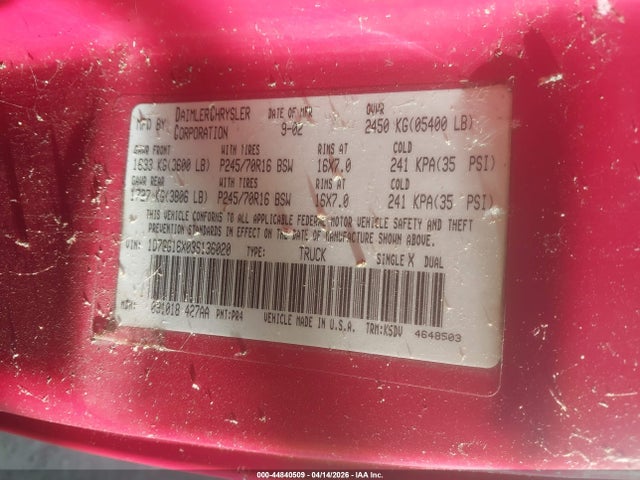 Aukcja sprzedaży 2003 Dodge Dakota, vin: 1D7GG16X03S136020, numer aukcji: 44840509