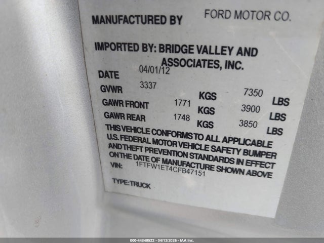 Продаж на аукціоні авто 2012 Ford F-150 Xlt, vin: 1FTFW1ET4CFB47151, номер лоту: 44840522