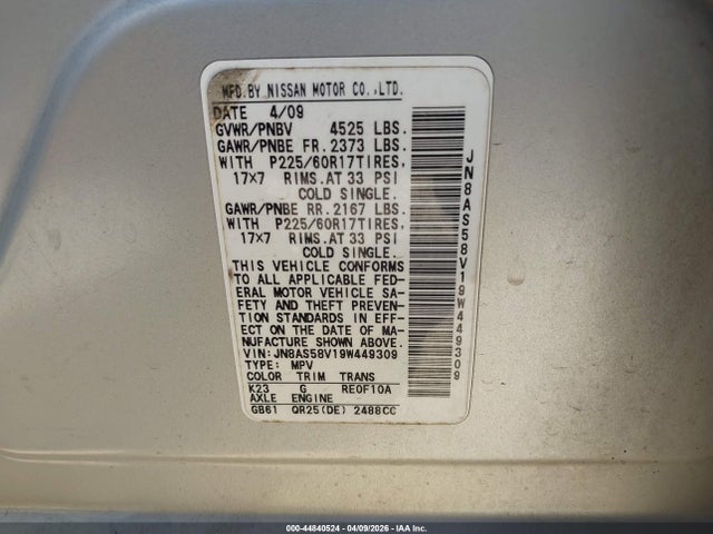 44840524 :رقم المزاد ، JN8AS58V19W449309 vin ، 2009 Nissan Rogue Sl مزاد بيع