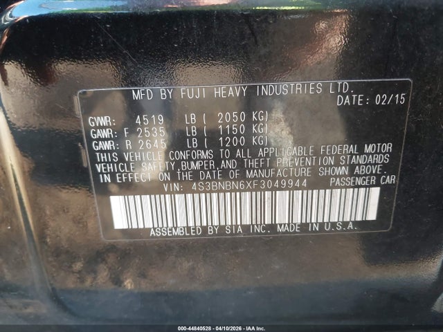 Продажа на аукционе авто 2015 Subaru Legacy 2.5i Limited, vin: 4S3BNBN6XF3049944, номер лота: 44840528