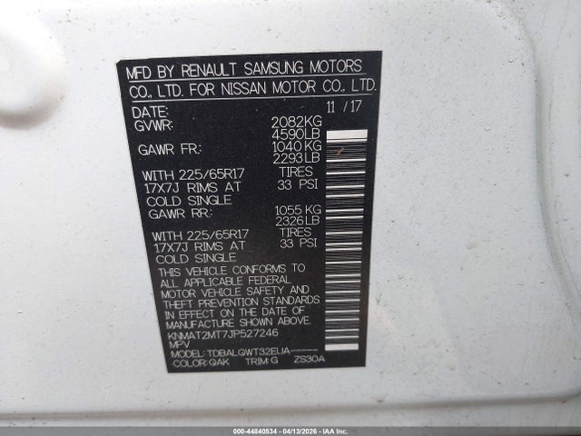 2018 Nissan Rogue Sv მანქანა იყიდება აუქციონზე, vin: KNMAT2MT7JP527246, აუქციონის ნომერი: 44840534