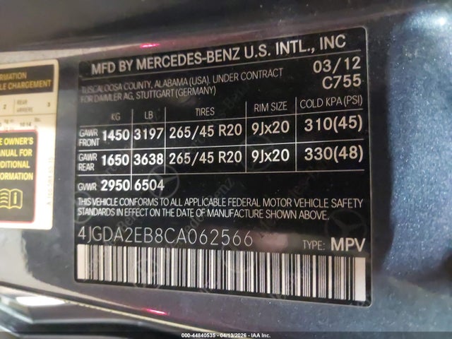 Aukcja sprzedaży 2012 Mercedes-benz Ml 350 Bluetec 4matic, vin: 4JGDA2EB8CA062566, numer aukcji: 44840535