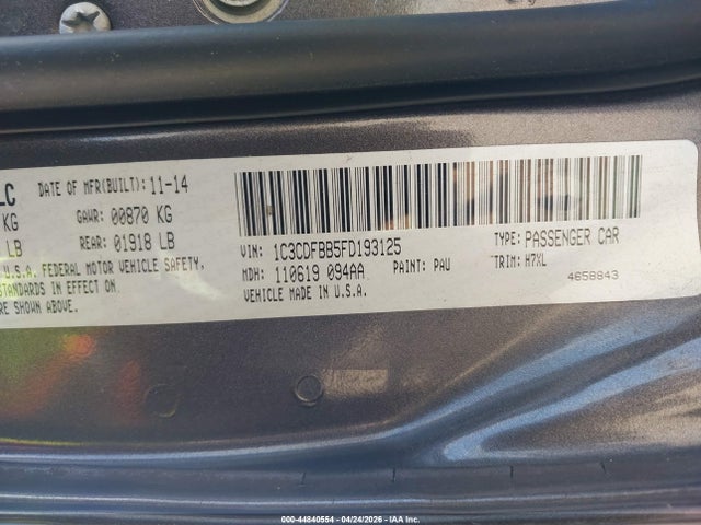 Продажа на аукционе авто 2015 Dodge Dart Sxt, vin: 1C3CDFBB5FD193125, номер лота: 44840554