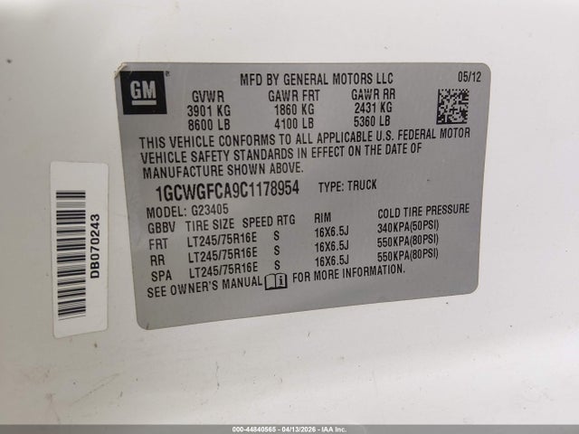 Продаж на аукціоні авто 2012 Chevrolet Express 2500 Work Van, vin: 1GCWGFCA9C1178954, номер лоту: 44840565