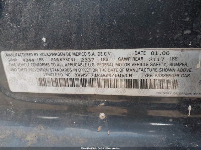 Продажа на аукционе авто 2006 Volkswagen Jetta 2.5, vin: 3VWSF71K86M760518, номер лота: 44840568