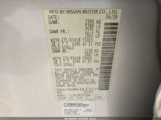 44840594 :رقم المزاد ، 5N1AZ2MS6KN151377 vin ، 2019 Nissan Murano S مزاد بيع