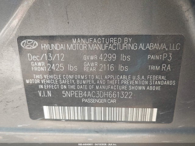 Aukcja sprzedaży 2013 Hyundai Sonata Gls, vin: 5NPEB4AC3DH661322, numer aukcji: 44840601