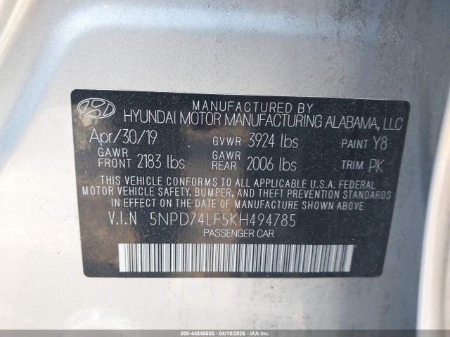44840605 :رقم المزاد ، 5NPD74LF5KH494785 vin ، 2019 Hyundai Elantra Se مزاد بيع