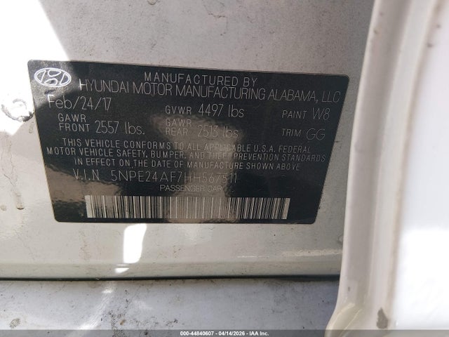 2017 Hyundai Sonata მანქანა იყიდება აუქციონზე, vin: 5NPE24AF7HH567511, აუქციონის ნომერი: 44840607
