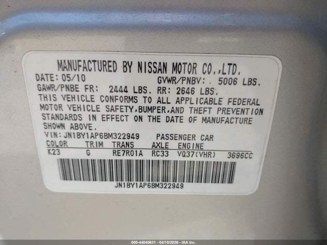 44840631 :رقم المزاد ، JN1BY1AP6BM322949 vin ، 2011 Infiniti M37 مزاد بيع