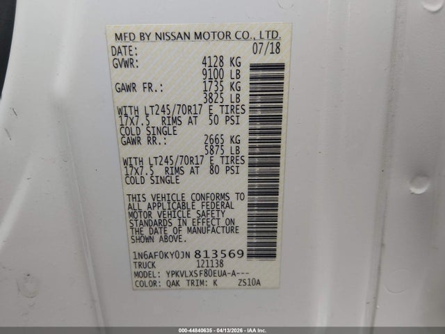 1N6AF0KY0JN813569 Nissan Nv Cargo Nv2500 Hd Sv V8