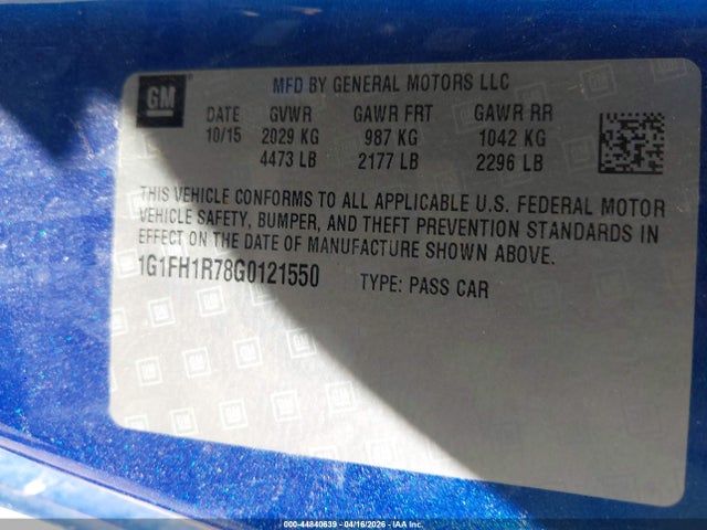 44840639 :رقم المزاد ، 1G1FH1R78G0121550 vin ، 2016 Chevrolet Camaro 2ss مزاد بيع