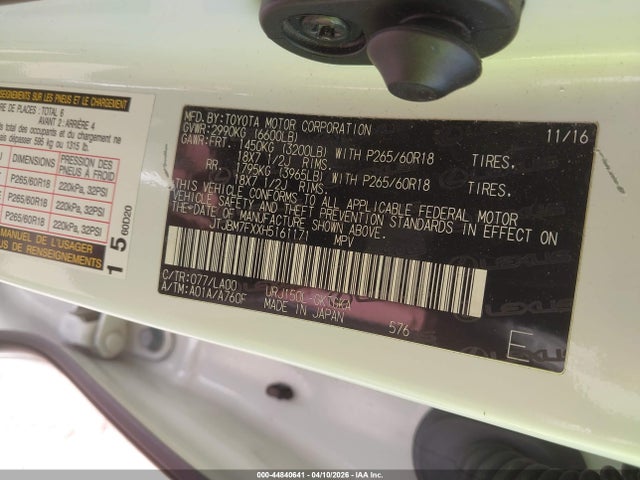 Aukcja sprzedaży 2017 Lexus Gx 460, vin: JTJBM7FXXH5161171, numer aukcji: 44840641