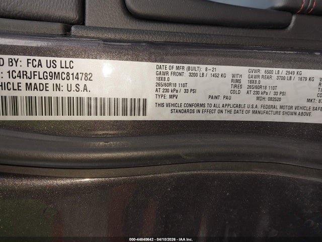 Продаж на аукціоні авто 2021 Jeep Grand Cherokee Trailhawk 4x4, vin: 1C4RJFLG9MC814782, номер лоту: 44840642