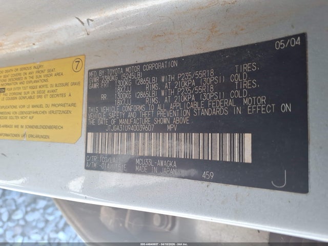 44840657 :رقم المزاد ، JTJGA31U940039607 vin ، 2004 Lexus Rx 330 مزاد بيع