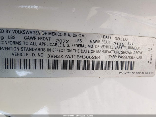 Продаж на аукціоні авто 2011 Volkswagen Jetta 2.0l S, vin: 3VW2K7AJ1BM306284, номер лоту: 44840665