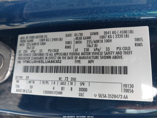 1FMCU9H65LUA86302 Ford ESCAPE SEL