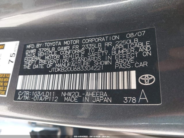 Aukcja sprzedaży 2008 Toyota Prius, vin: JTDKB20U683304221, numer aukcji: 44840680