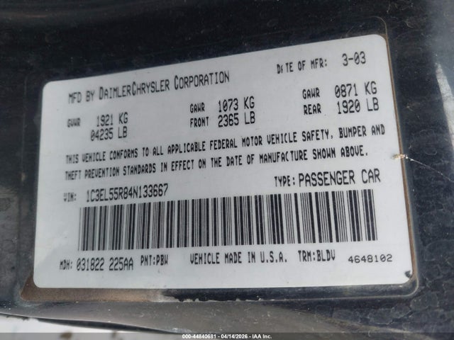 Aukcja sprzedaży 2004 Chrysler Sebring Lxi, vin: 1C3EL55R84N133667, numer aukcji: 44840681