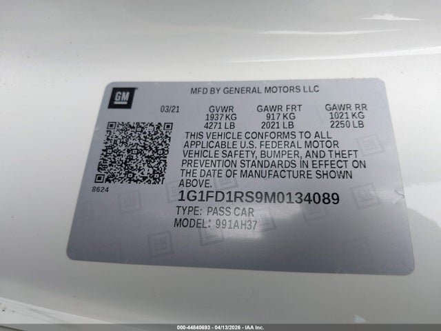 Продажа на аукционе авто 2021 Chevrolet Camaro Rwd  2lt, vin: 1G1FD1RS9M0134089, номер лота: 44840693