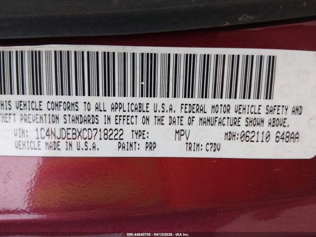 Aukcja sprzedaży 2012 Jeep Compass Latitude, vin: 1C4NJDEBXCD718222, numer aukcji: 44840708